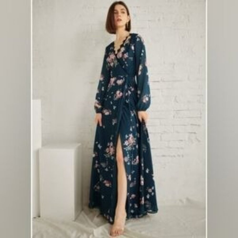 JJ House Split Front V-Neck Long Sleeves A-line Chiffon Lace Maxi Dress Blue 2/4